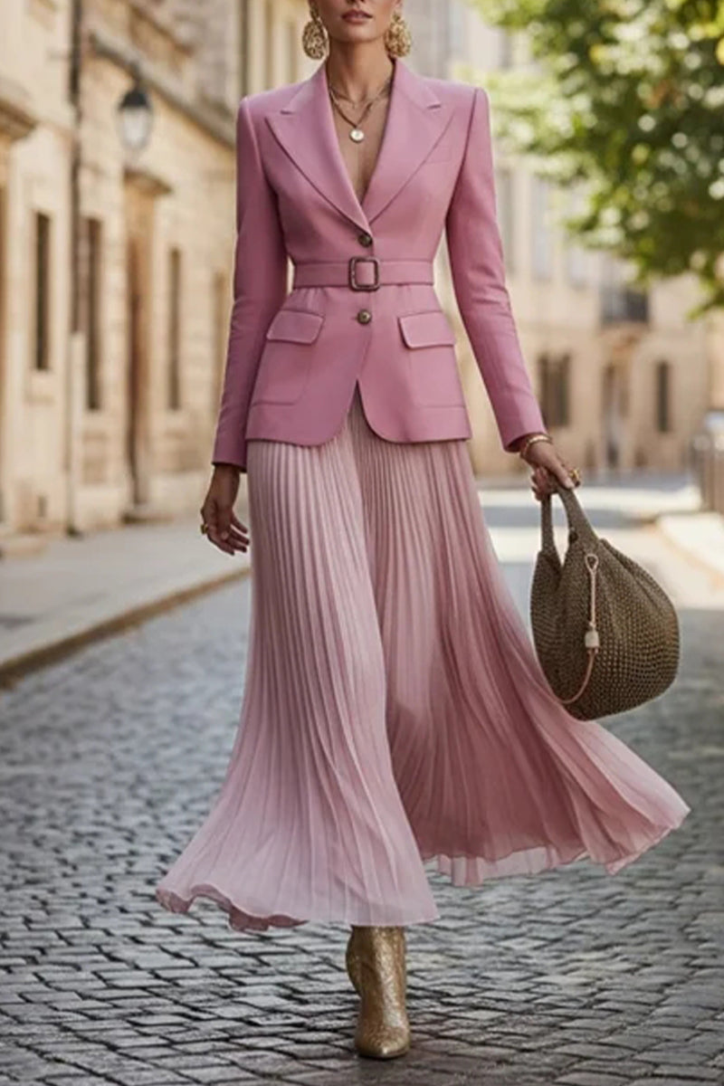 Women Collar Jacket+ Pleated Skirt Elegant Temperament Commuting Set