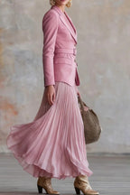 Women Collar Jacket+ Pleated Skirt Elegant Temperament Commuting Set