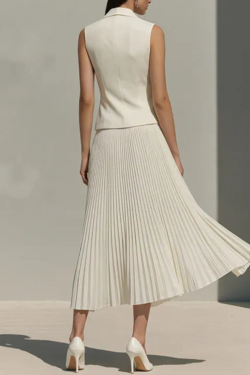 Women Collar Sleeveless Top+ Pleated Skirt Elegant Temperament Commuting Set