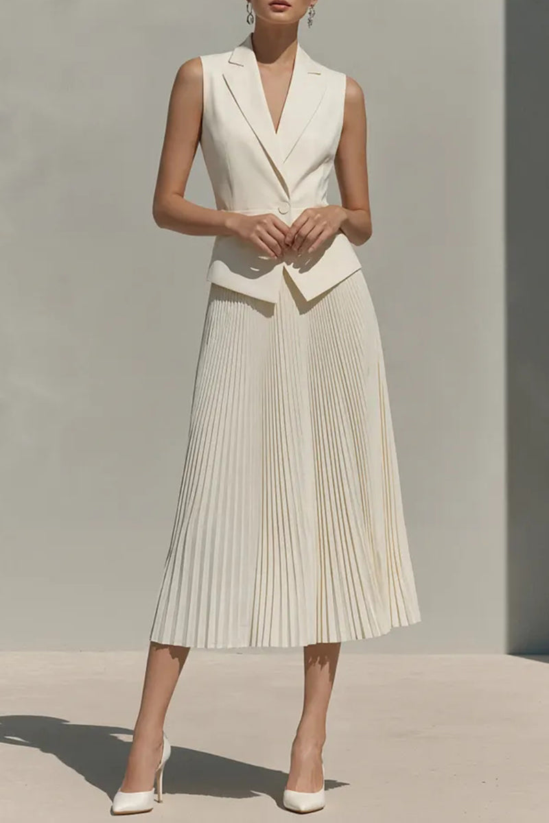 Women Collar Sleeveless Top+ Pleated Skirt Elegant Temperament Commuting Set