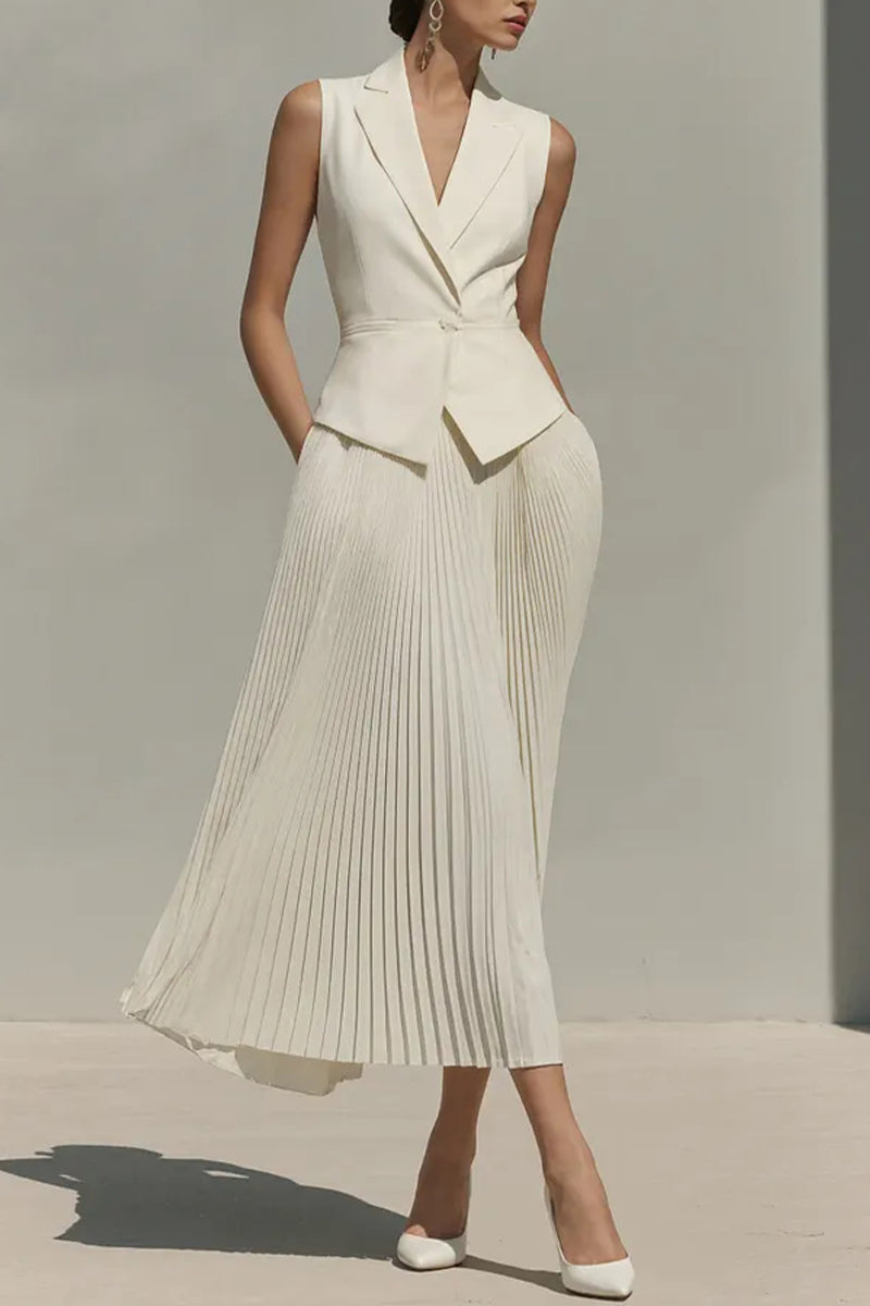 Women Collar Sleeveless Top+ Pleated Skirt Elegant Temperament Commuting Set