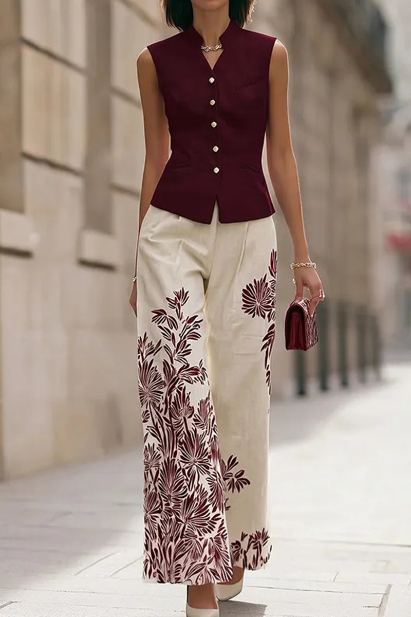 Women Round Neck Sleeveless Top+ Printed Pants Elegant Temperament Set