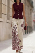 Women Round Neck Sleeveless Top+ Printed Pants Elegant Temperament Set