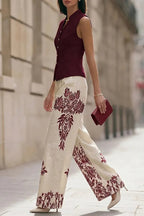 Women Round Neck Sleeveless Top+ Printed Pants Elegant Temperament Set