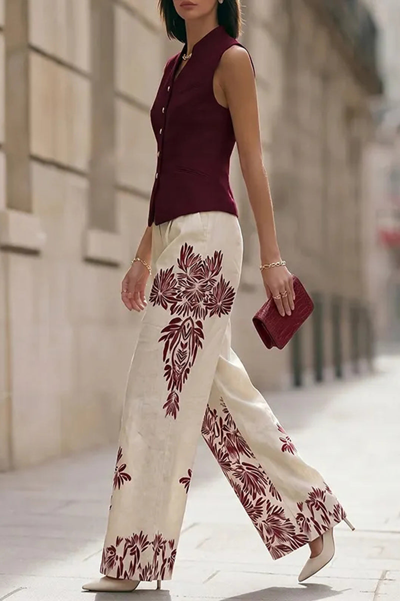 Women Round Neck Sleeveless Top+ Printed Pants Elegant Temperament Set