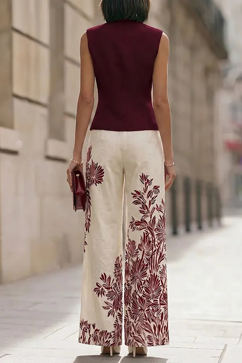 Women Round Neck Sleeveless Top+ Printed Pants Elegant Temperament Set