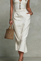 Women V-neck Patchwork Pocket Casual Denim Dress