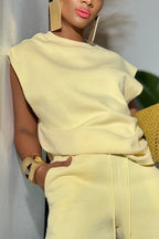 Women Light Yellow Sleeveless Drop Shoulder Oversized Fleece Sweat Top Or Light Yellow Elastic Drawstring High Waist Pocket Knee Length Sweat Shorts