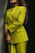 Women Solid Olive Structured Shoulder Double Breasted Pocket Blazer Or Solid Olive Tailored High Waist Straight Knee Length Suit Shorts