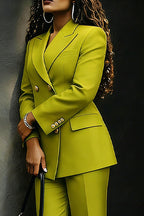 Women Solid Olive Structured Shoulder Double Breasted Pocket Blazer Or Solid Olive Tailored High Waist Straight Knee Length Suit Shorts