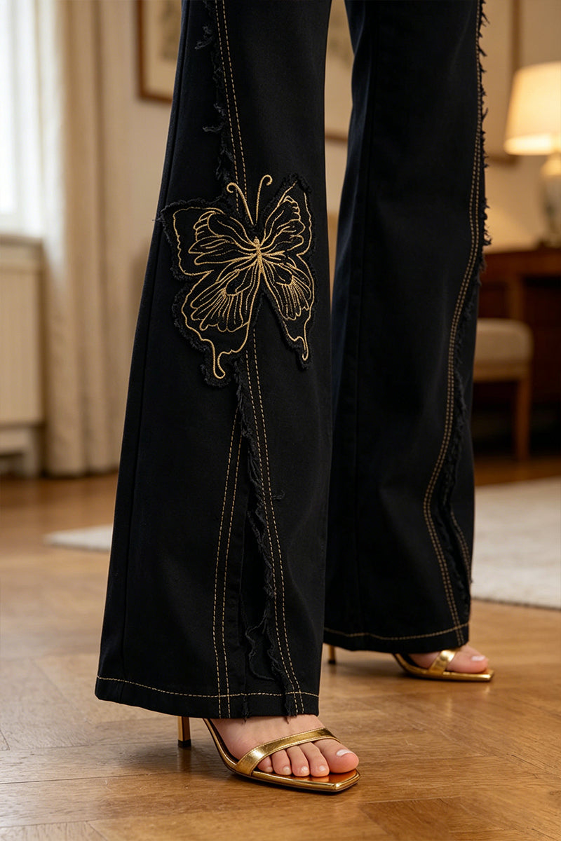 Women Low Waisted Embroidered Butterfly Patchwork Casual Jeans