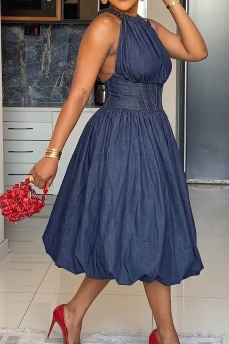 Women Round Neck Sleeveless Waist Cinched Elegant Temperament Dress