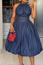 Women Round Neck Sleeveless Waist Cinched Elegant Temperament Dress