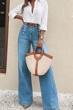 Women Light Blue Washed High Waist Side White Buttons Wide Leg Denim Jeans