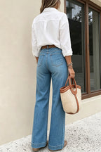 Women Light Blue Washed High Waist Side White Buttons Wide Leg Denim Jeans