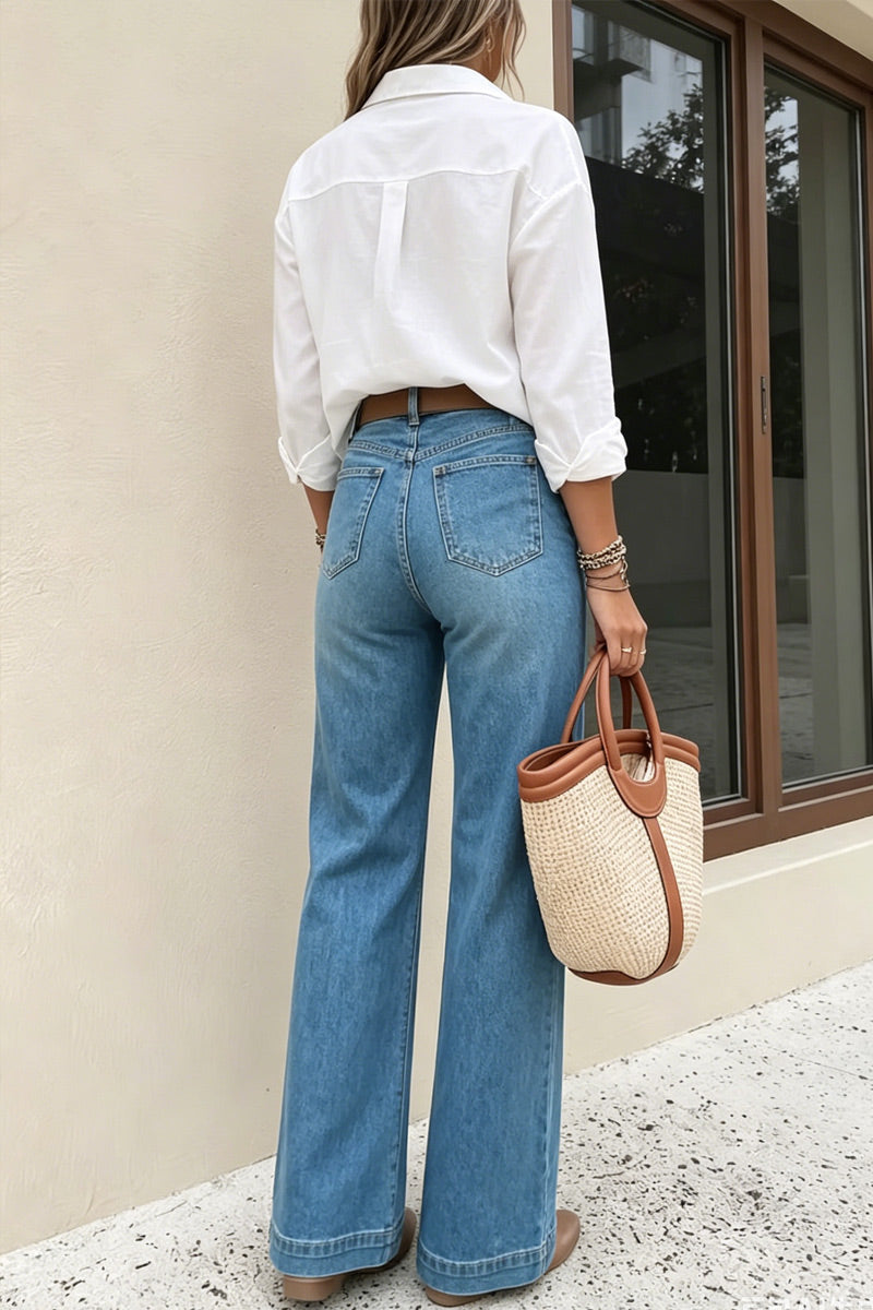 Women Light Blue Washed High Waist Side White Buttons Wide Leg Denim Jeans