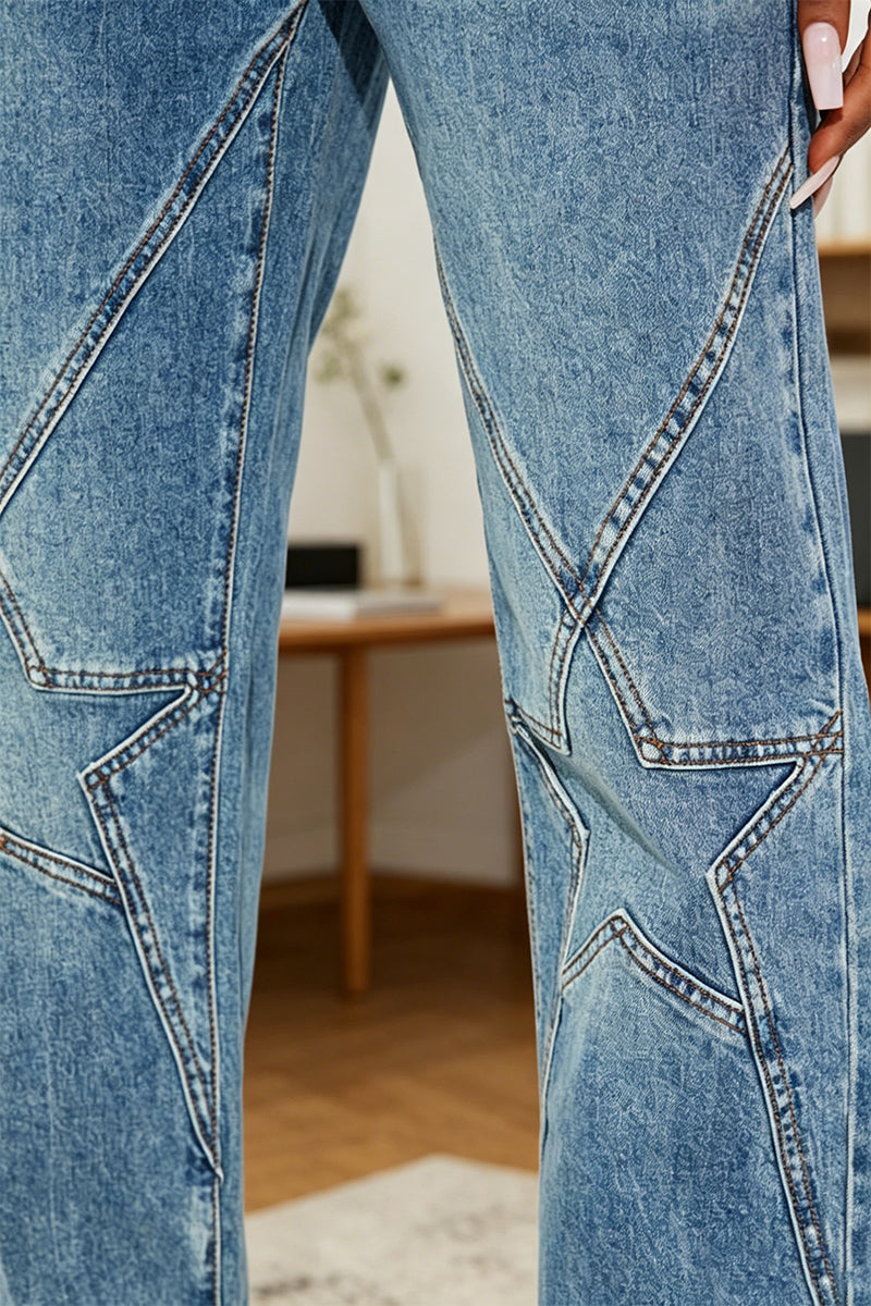 Women Low Waist Washed Water Spliced Star Pattern Casual Jeans