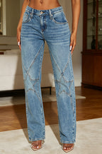 Women Low Waist Washed Water Spliced Star Pattern Casual Jeans