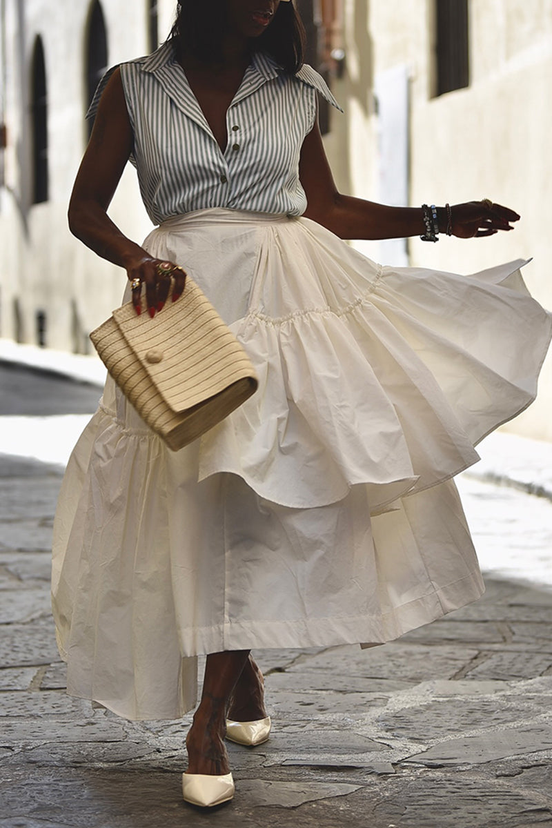 Women's Casual Stripe Vest or Asymmetric Pleated Hem Skirt
