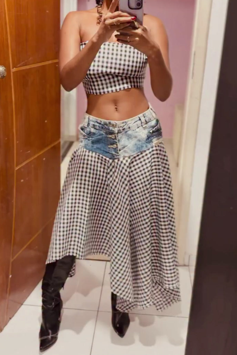 Women Black White Gingham Strapless Scallop Hem Slim Cropped Tube Top Or Bleach Denim Waist Patchwork Black White Gingham Asymmetrical Midi Skirt