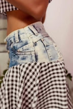 Women Black White Gingham Strapless Scallop Hem Slim Cropped Tube Top Or Bleach Denim Waist Patchwork Black White Gingham Asymmetrical Midi Skirt