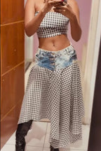 Women Black White Gingham Strapless Scallop Hem Slim Cropped Tube Top Or Bleach Denim Waist Patchwork Black White Gingham Asymmetrical Midi Skirt