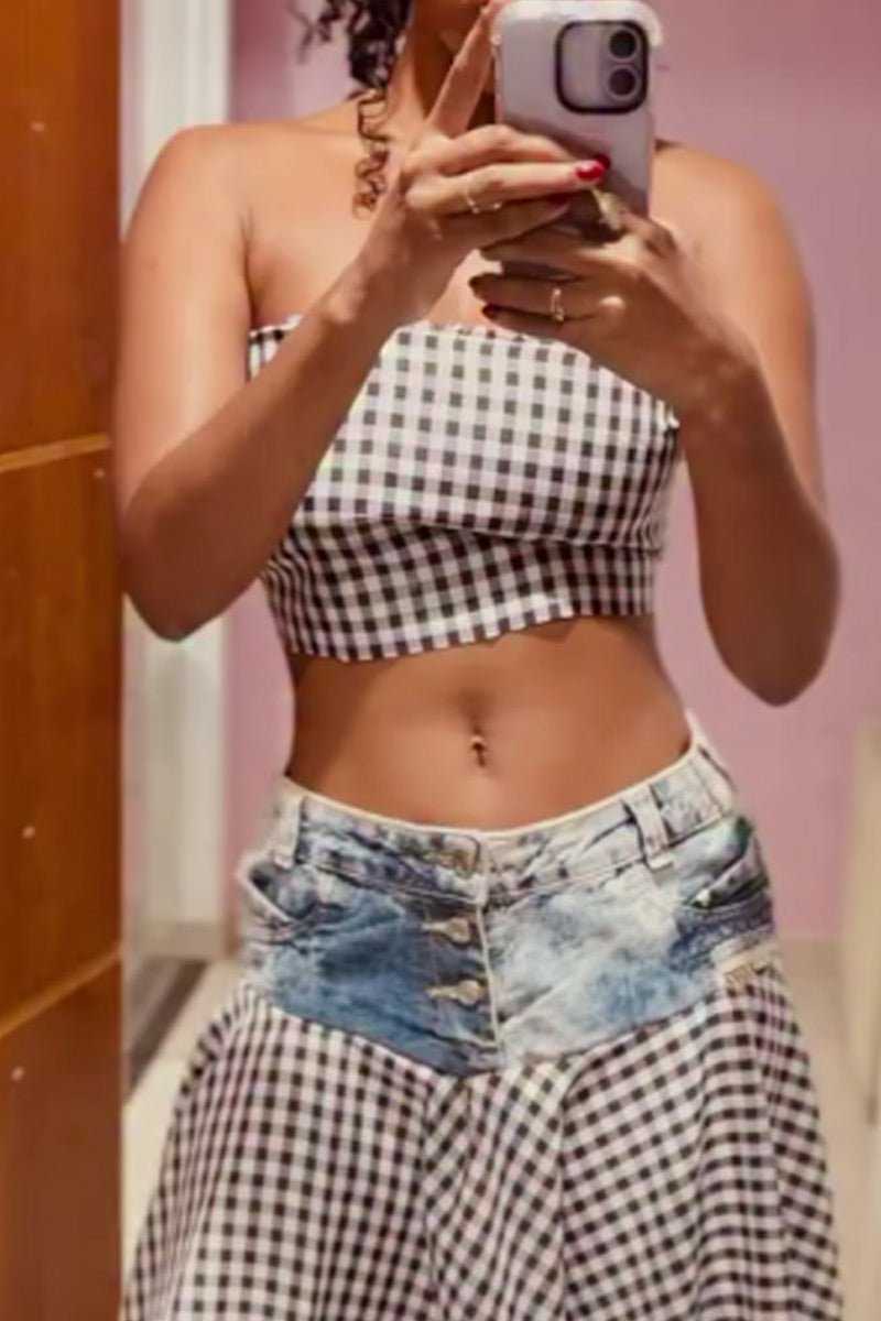 Women Black White Gingham Strapless Scallop Hem Slim Cropped Tube Top Or Bleach Denim Waist Patchwork Black White Gingham Asymmetrical Midi Skirt