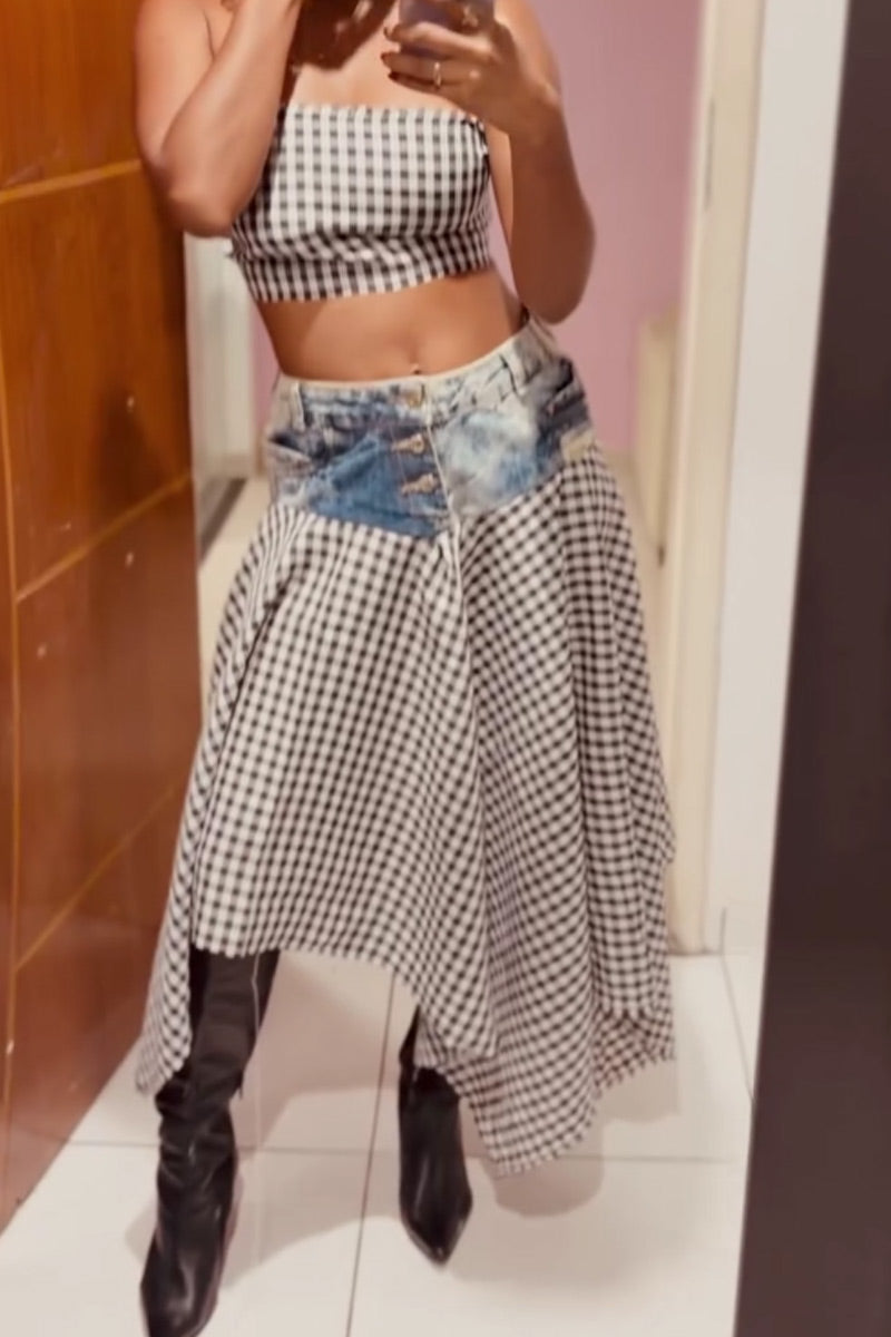 Women Black White Gingham Strapless Scallop Hem Slim Cropped Tube Top Or Bleach Denim Waist Patchwork Black White Gingham Asymmetrical Midi Skirt