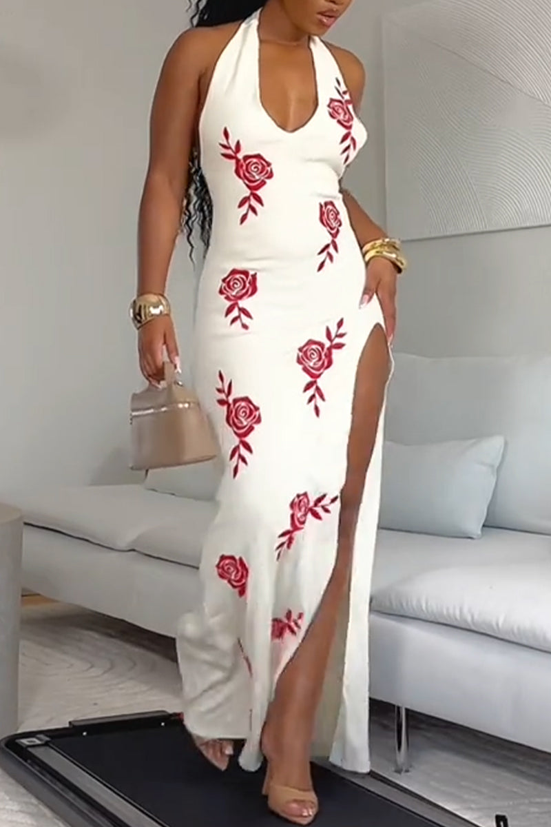 Women Neck Hanging Printed Slit Elegant Temperament Maxi Dresses
