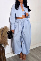 Women's Casual Stripe Vest Shirt Jogger Pants Three-Piece Set