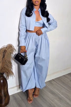 Women's Casual Stripe Vest Shirt Jogger Pants Three-Piece Set