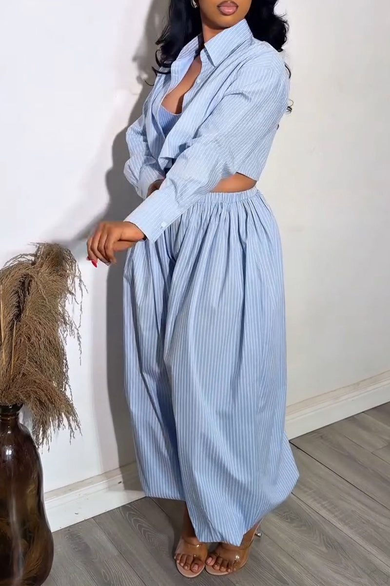 Women's Casual Stripe Vest Shirt Jogger Pants Three-Piece Set