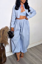 Women's Casual Stripe Vest Shirt Jogger Pants Three-Piece Set