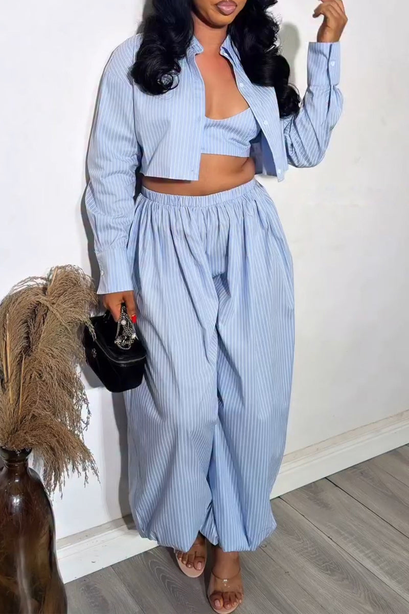 Women's Casual Stripe Vest Shirt Jogger Pants Three-Piece Set