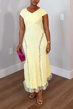 Women V-neck Patchwork Lace Pattern Elegant Casual Maxi Dresses