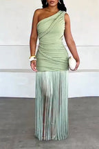 Women's Elegant One Shoulder Fringe Hem Maxi Dress