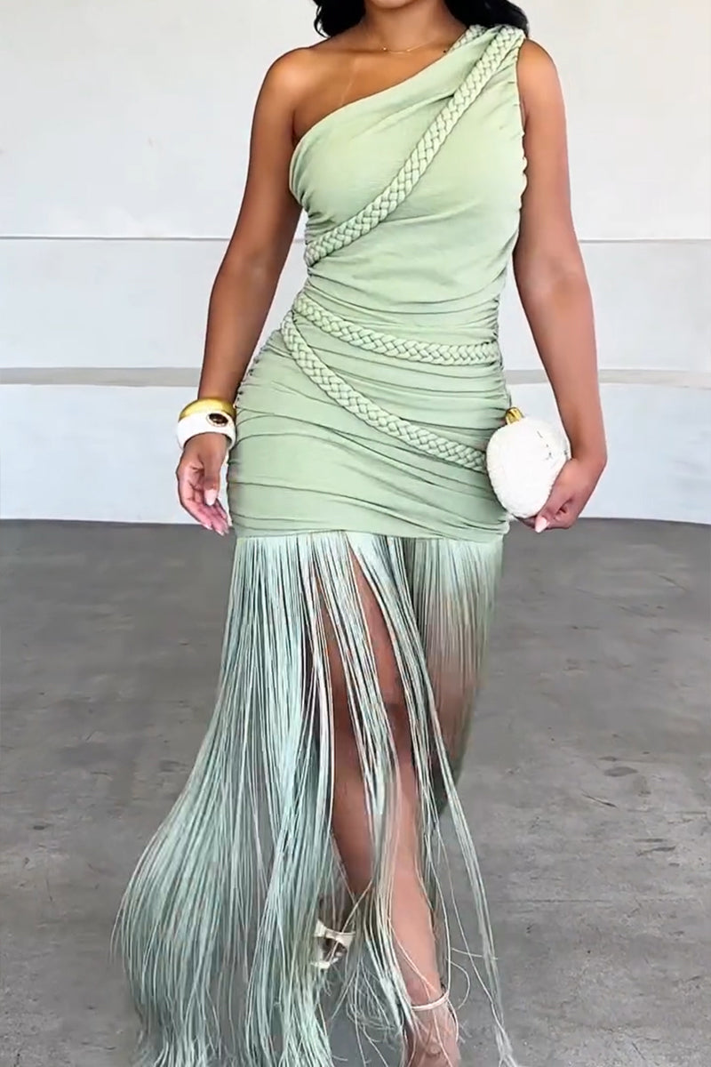 Women's Elegant One Shoulder Fringe Hem Maxi Dress