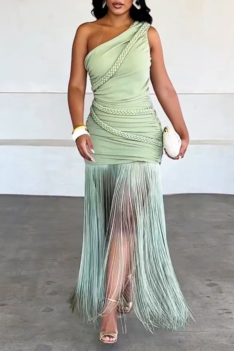 Women's Elegant One Shoulder Fringe Hem Maxi Dress