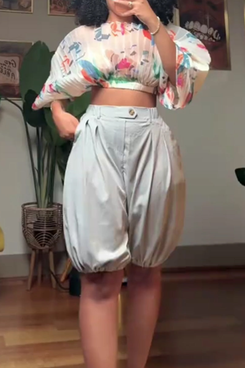Women's Pleated Printed Puff Sleeve Loose Cropped Top Or Relaxed Fit Cropped Joggers For Vacation