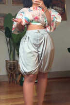 Women's Pleated Printed Puff Sleeve Loose Cropped Top Or Relaxed Fit Cropped Joggers For Vacation