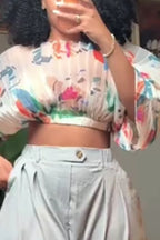 Women's Pleated Printed Puff Sleeve Loose Cropped Top Or Relaxed Fit Cropped Joggers For Vacation