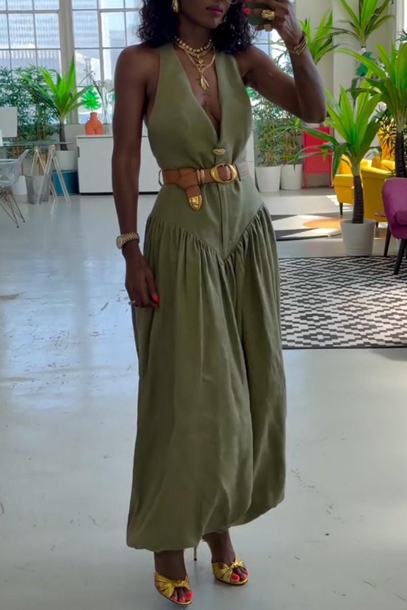 Womens V-neck Sleeveless Patchwork Solid Color Casual Jumpsuit