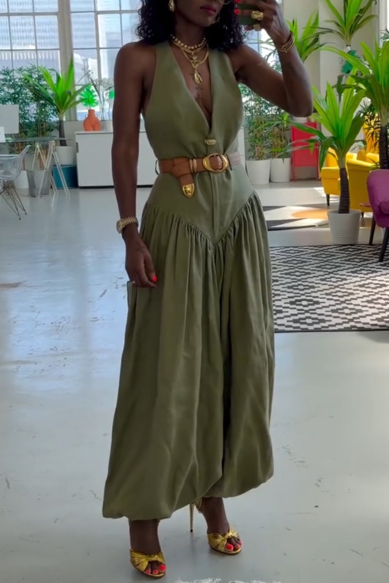 Womens V-neck Sleeveless Patchwork Solid Color Casual Jumpsuit