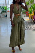 Womens V-neck Sleeveless Patchwork Solid Color Casual Jumpsuit