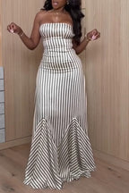 Women Strapless Vertical Stripe Elegant Temperament Maxi Dresses