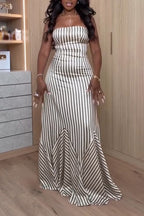 Women Strapless Vertical Stripe Elegant Temperament Maxi Dresses
