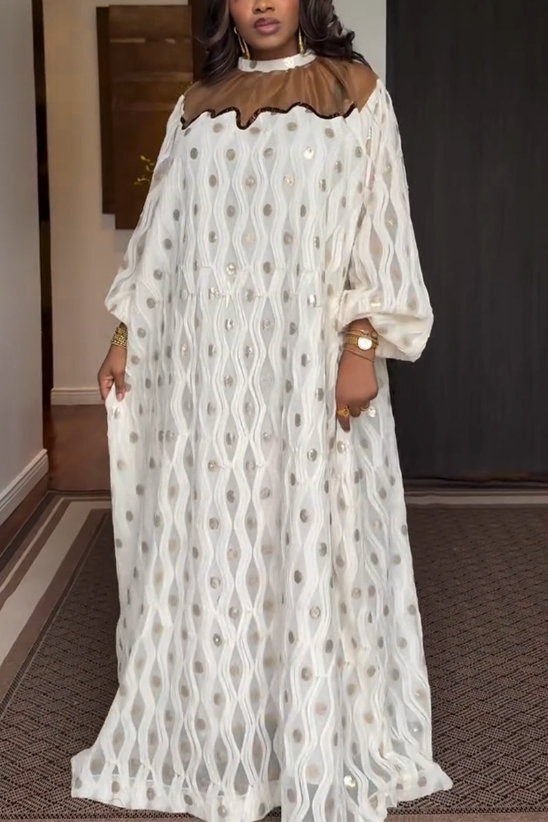 Women Round Neck Patchwork Sequin Polka Dot Elegant Temperament Maxi Dresses