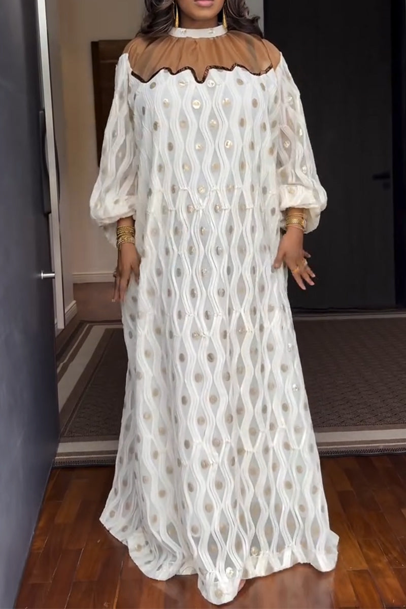 Women Round Neck Patchwork Sequin Polka Dot Elegant Temperament Maxi Dresses