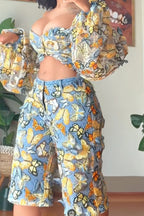 Women's Loose Sexy Butterfly Print Vacation Top Or Loose Fit Cropped Denim Pants With A Butterfly Design