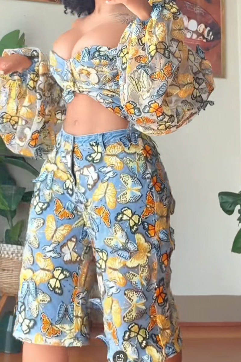 Women's Loose Sexy Butterfly Print Vacation Top Or Loose Fit Cropped Denim Pants With A Butterfly Design